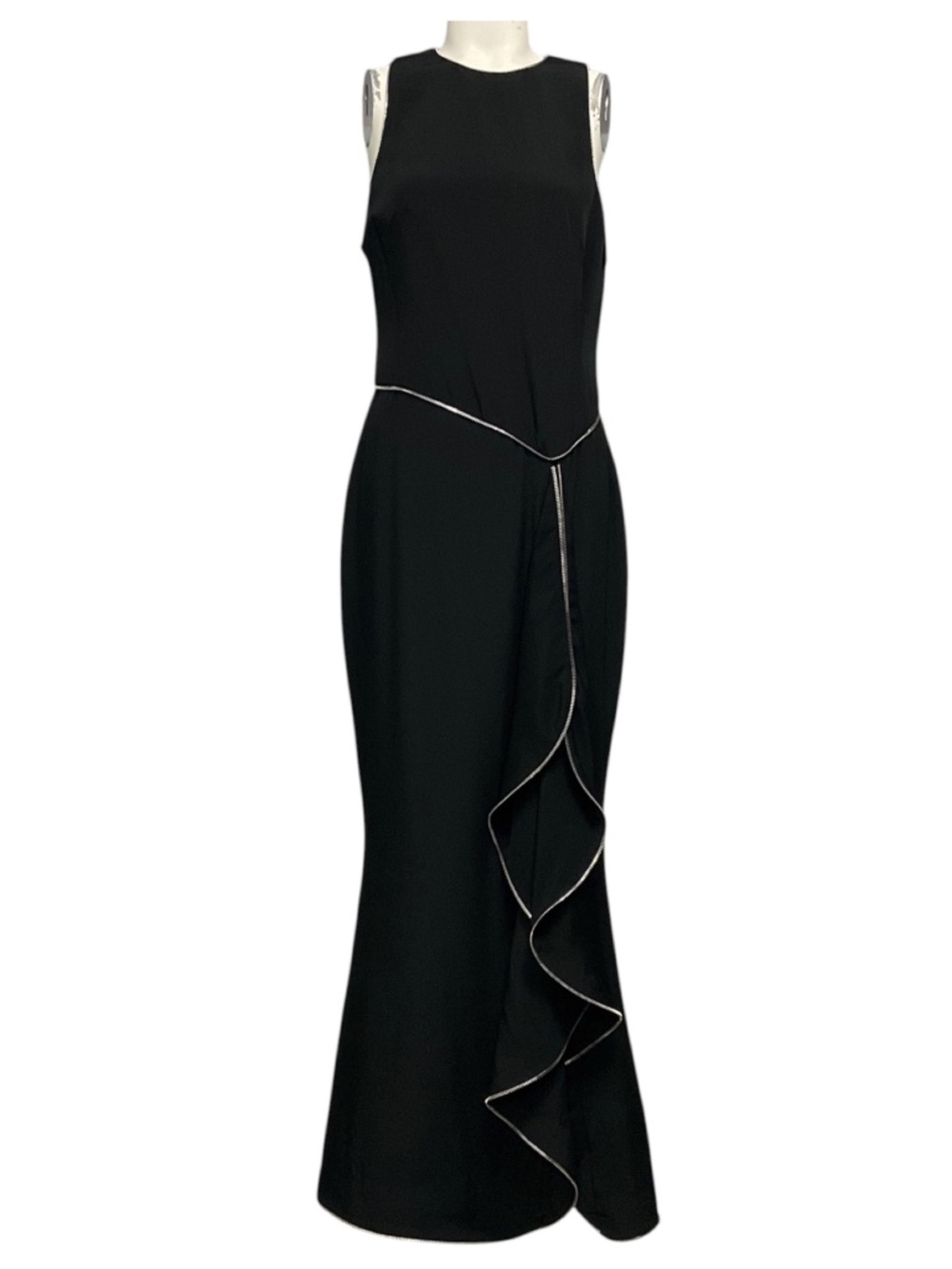 BRANDON MAXWELL BLACK / SILVER ZIPPER DETAIL SLEEVELESS CREPE GOWN / MAXI DRESS